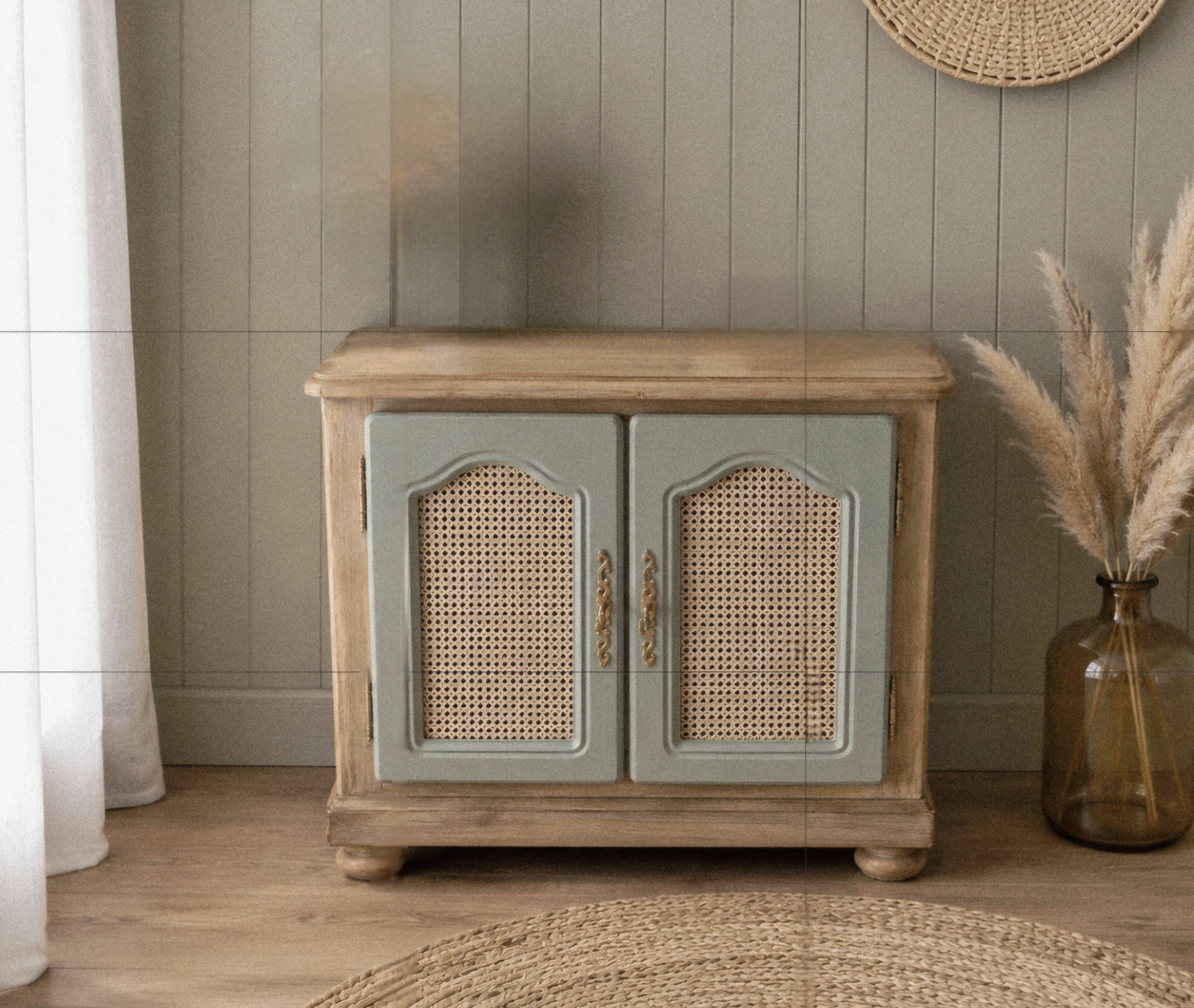 Renovated vintage sideboard in caning and sage green.