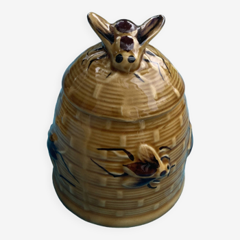 Pot a miel ruche et abeilles en barbotine, ceramique emaillee vintage