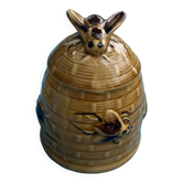 Beehive and bee honey pot in slip, vintage enameled ceramic