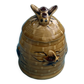 Beehive and bee honey pot in slip, vintage enameled ceramic