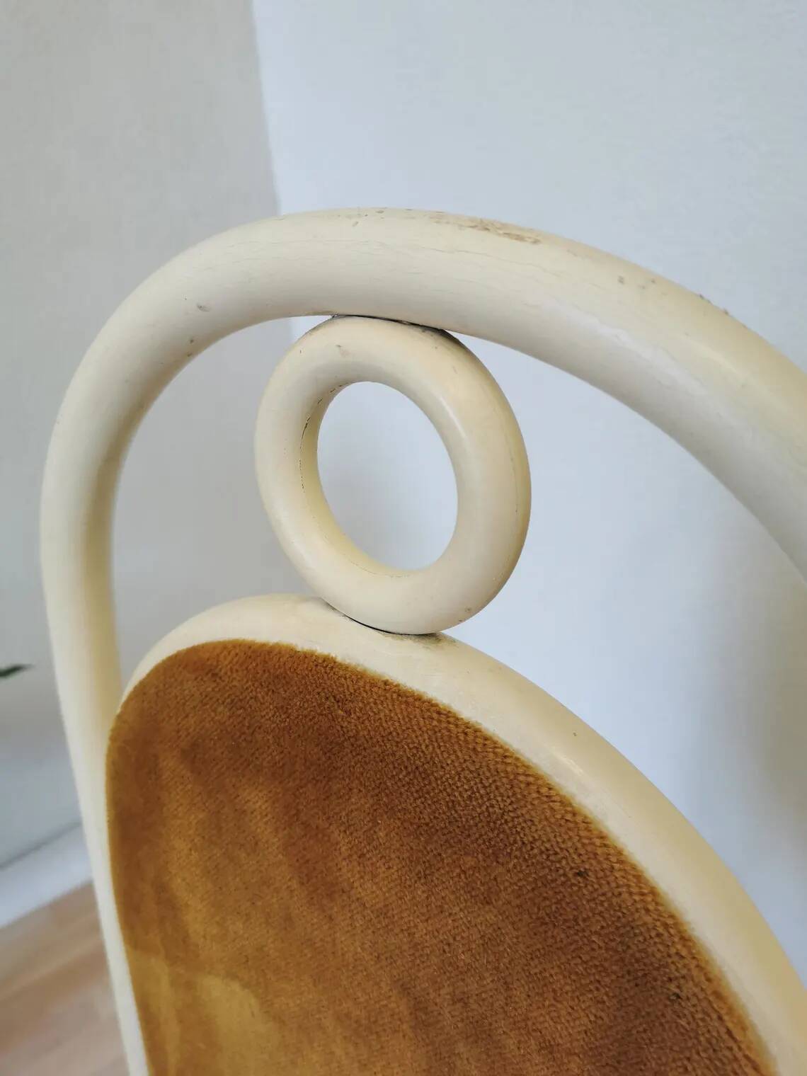 Vintage Thonet Bentwood Dining Chair: White Wood, Yellow Fabric, 1970s Yugo