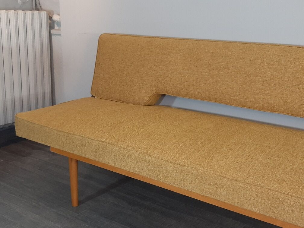 Sofa and daybed in beech and mustard fabric by Miroslav Navratil, vintage Czechoslovakia 1960s
