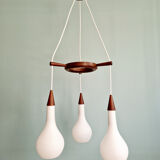 Scandinavian teak and frosted white glass chandelier, 1960.