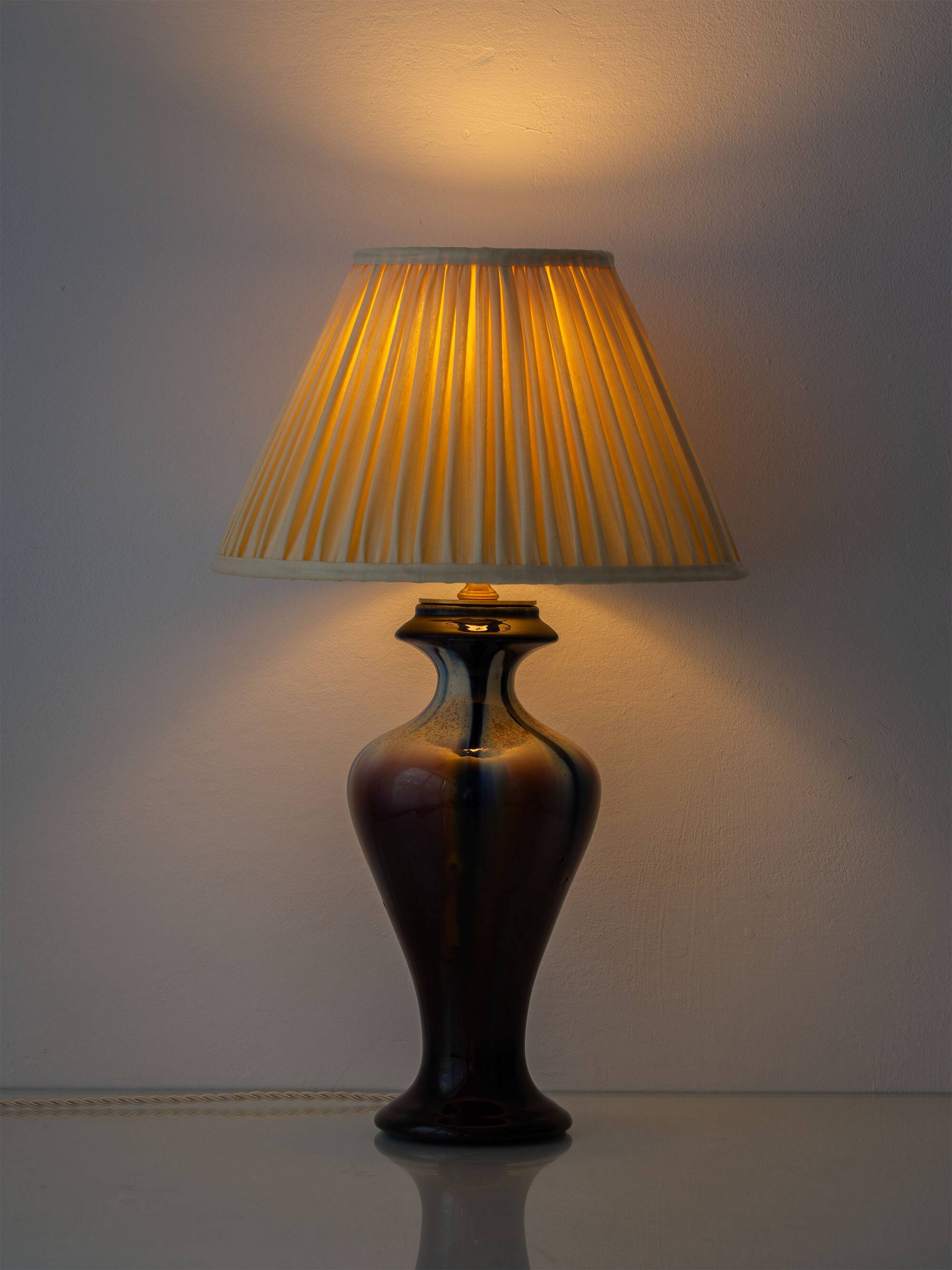 Belgian Art Deco Ceramic Table Lamps, Pair, Flambé Drip Glaze, New Silk Shades