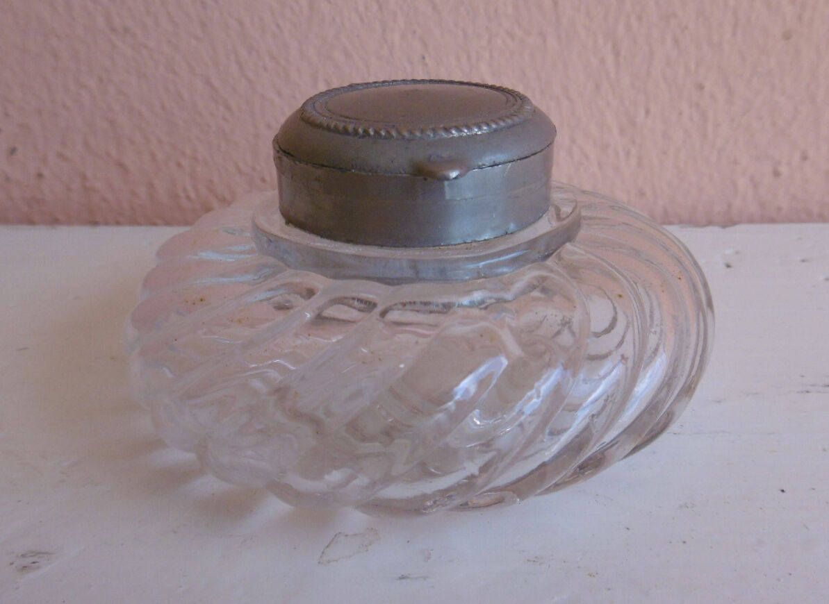 Old spiral glass inkwell with metal cabochon early XXth century