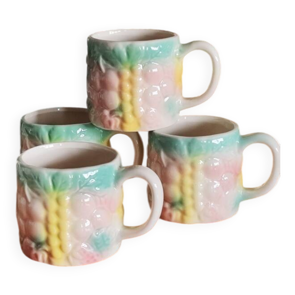 Set de 4 tasses à café vintage en barbotine multicolore