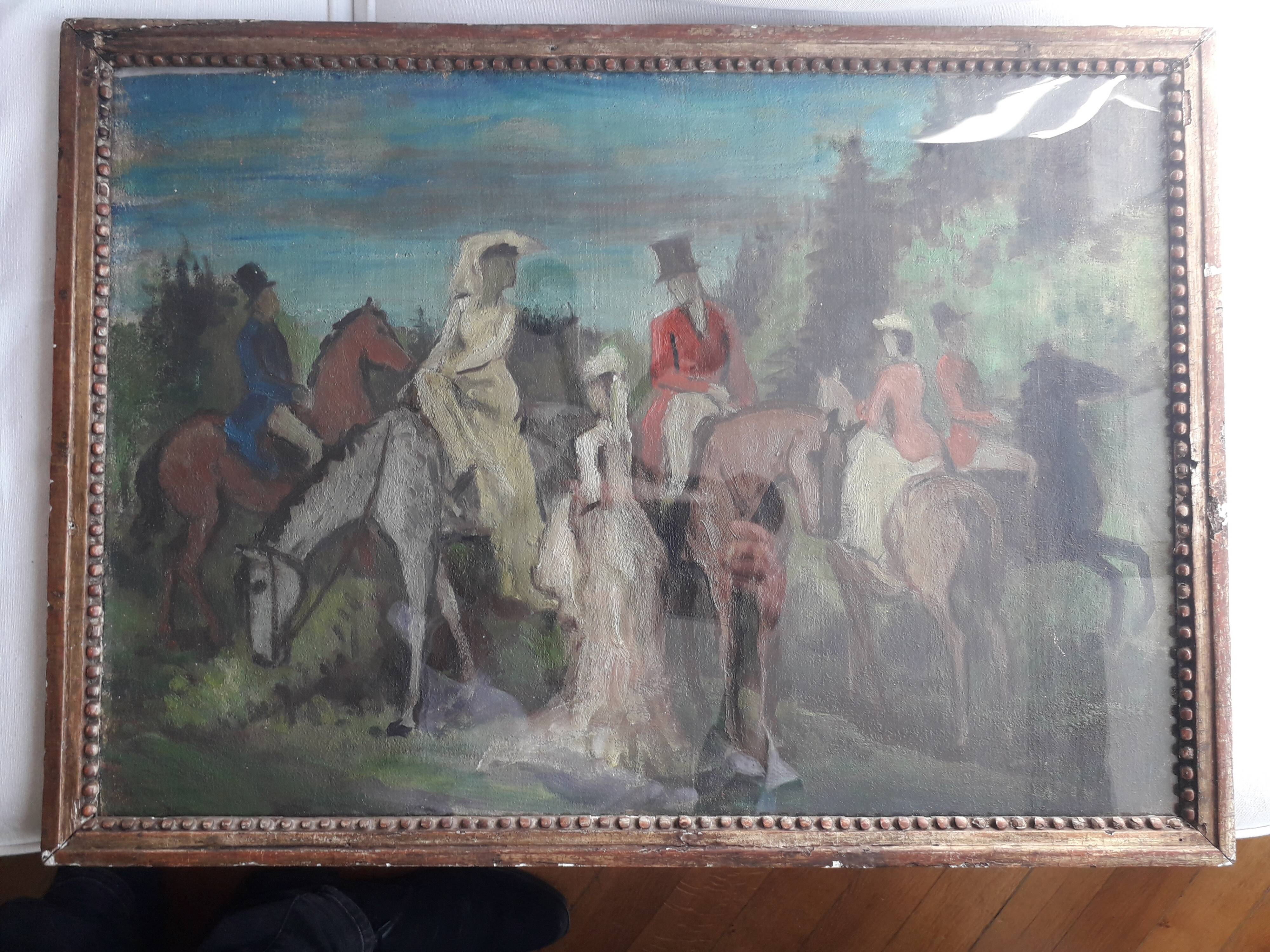 Old oil painting representing an equestrian scene
