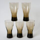 Set of 5 large Long Drink glasses in smoked glass Design, 1970