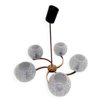 5-light chandelier, brass and molded glass, 1950