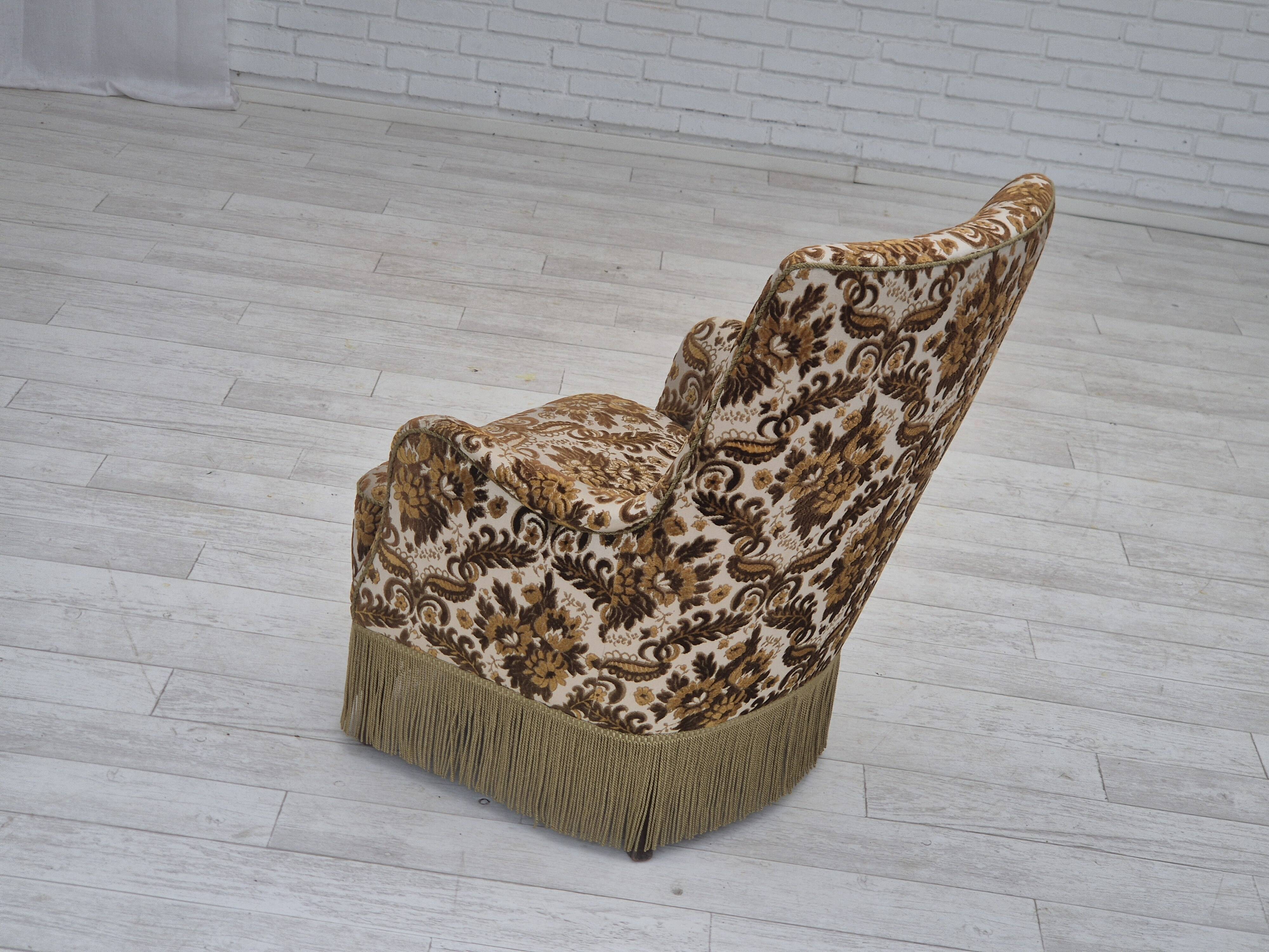 1960s, Danish highback armchair, furniture velour fabric, ash wood.