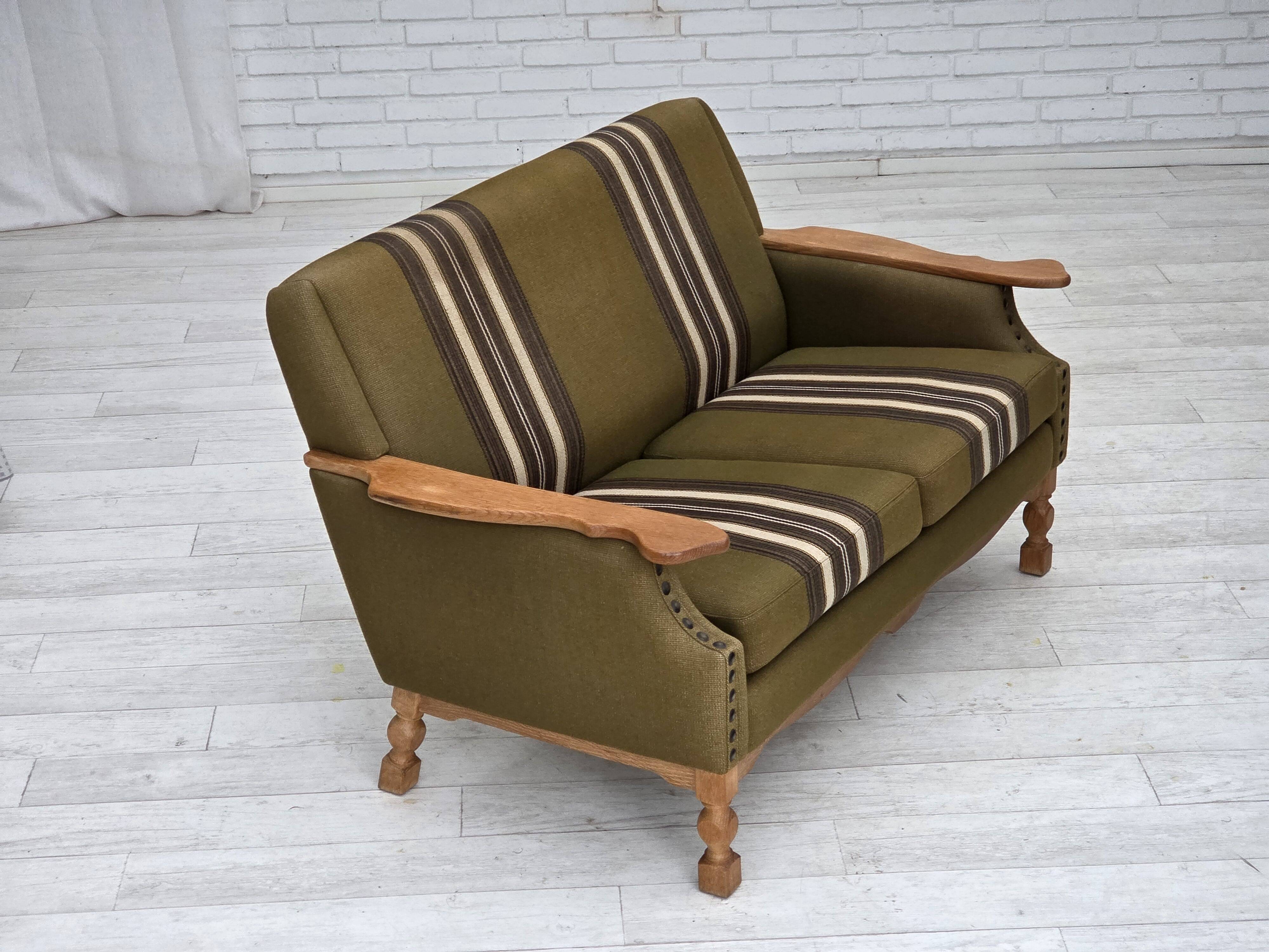 1970s, Danish 2-seater sofa, green furniture wool, oak wood.