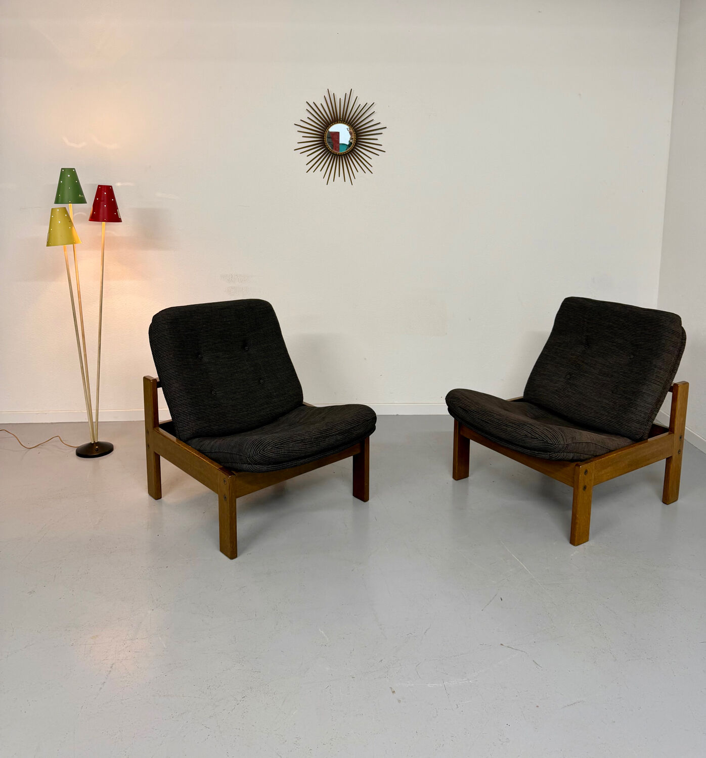 Lot of 2 adjustable wooden fabric chairs, Scandinavian design, vintage 1970s.