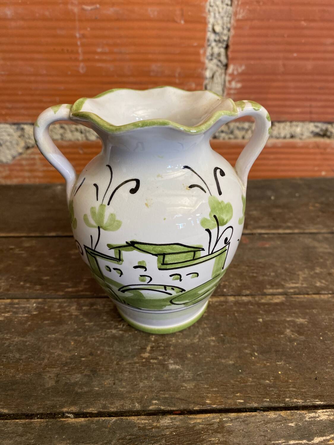 Vintage White Ceramic Vase with Green Landscape Decor from the 1970s