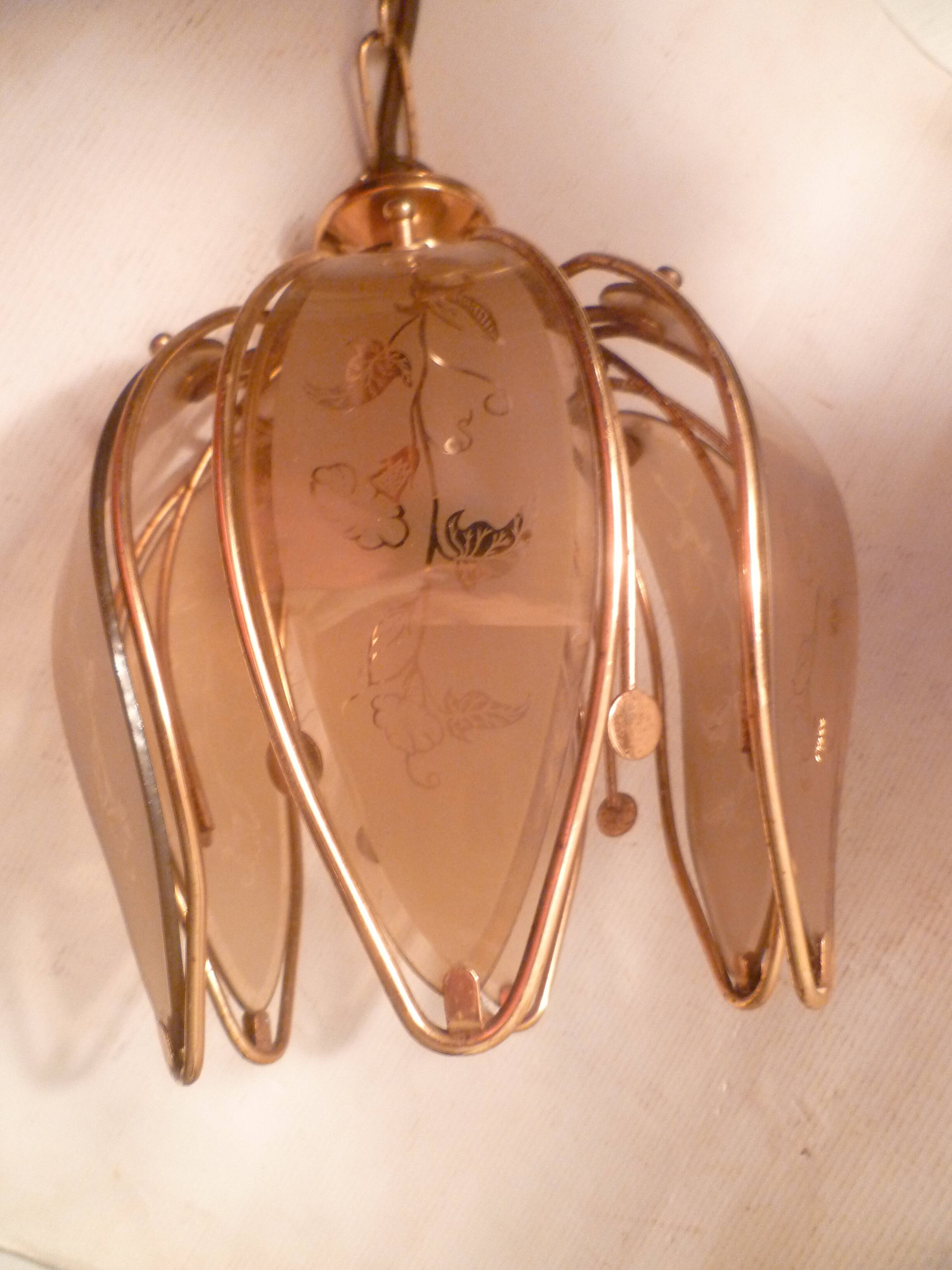 Vintage 70s tulip petal chandelier pendant light, gold plated and plexiglas