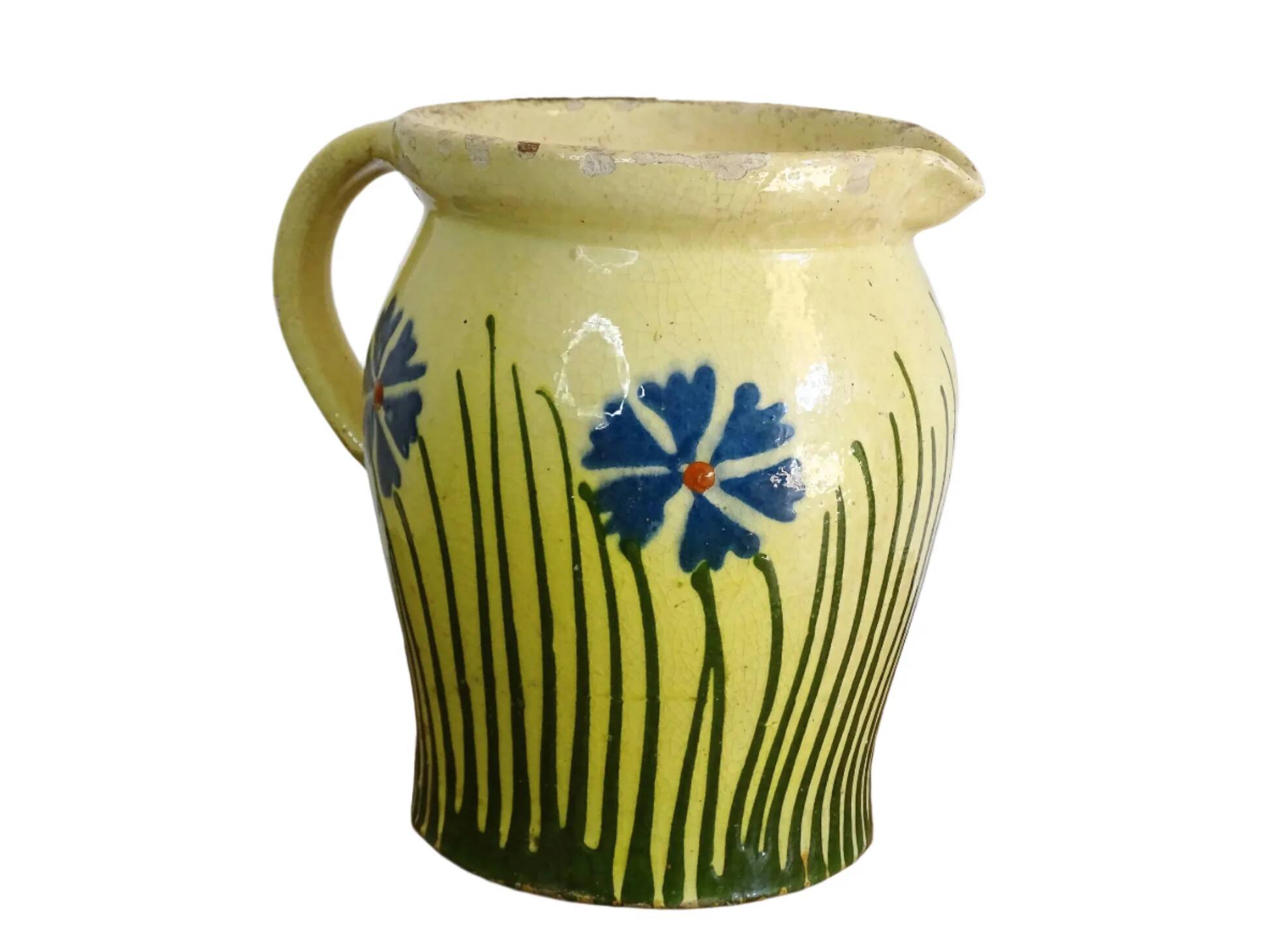 Pichet ancien en faïence française orné de fleurs peintes à la main