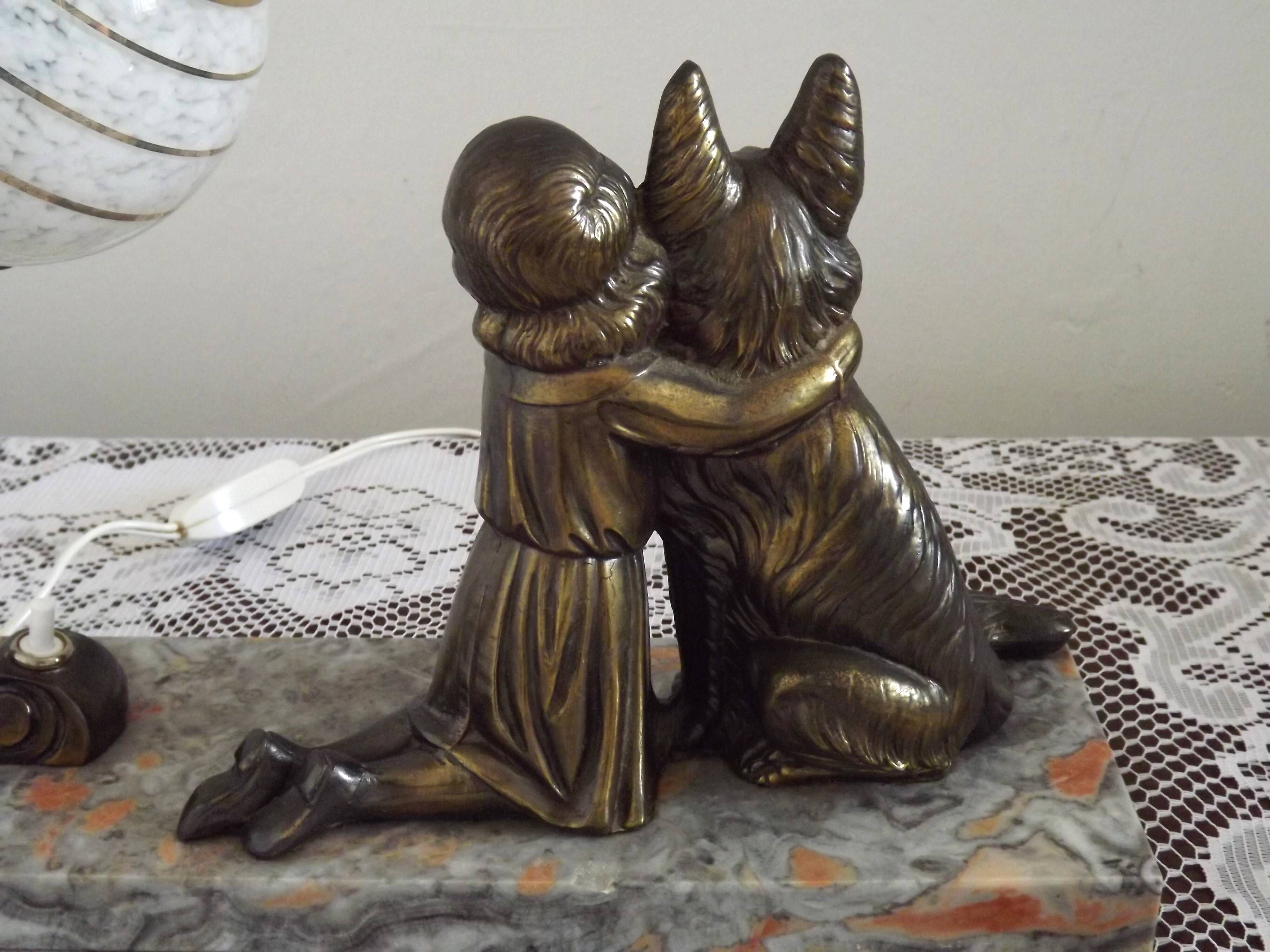 French Art Deco Table Lamp – Kneeling Girl with Dog & Clichy Glass Shade
