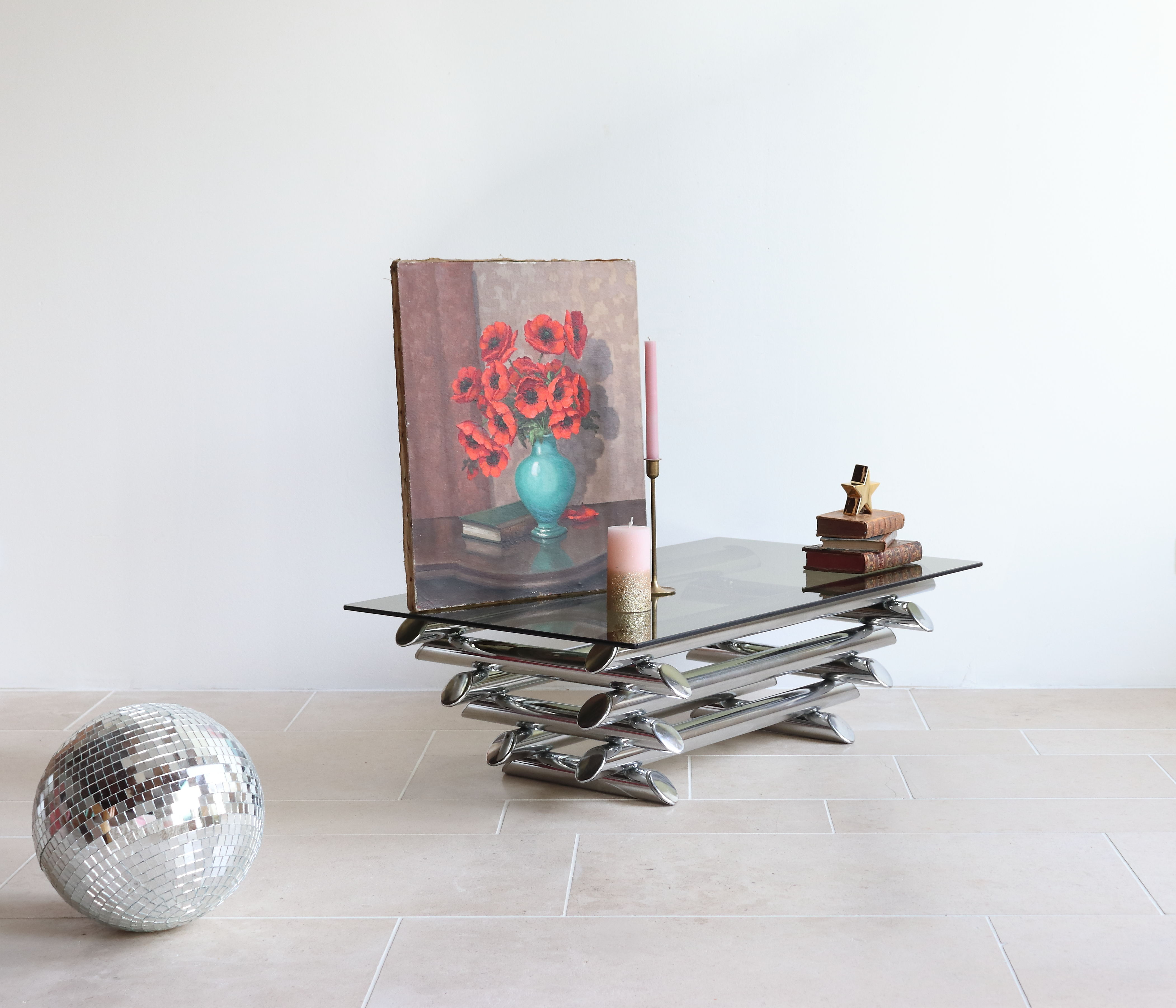 Coffee table in smoked glass and chrome tubular metal, 70s