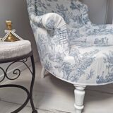 Fauteuil crapaud toile de Jouy bleu