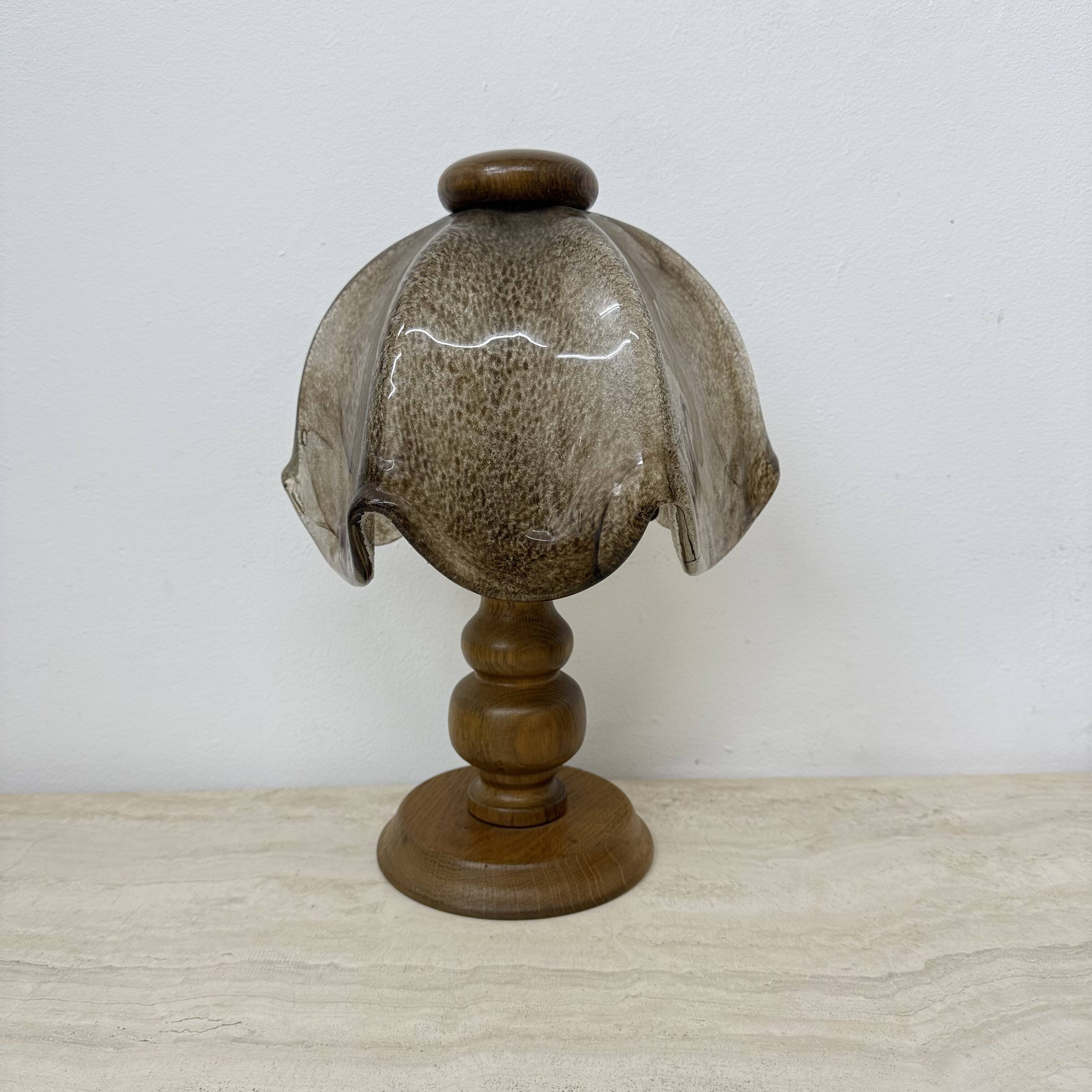 Vintage brutalist glass table lamp with solid oak wooden base , 1970s
