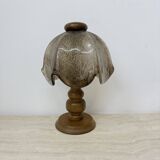 Vintage brutalist glass table lamp with solid oak wooden base , 1970s