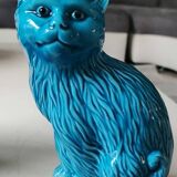 Pair of Chinese cats in turquoise blue enameled porcelain. Heights 20 & 17 cm