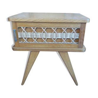 Table de chevet vintage en rotin pieds compas
