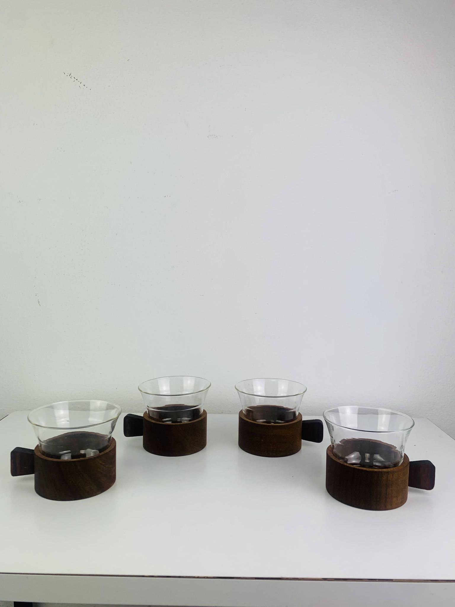 4 teak and glass cups in Scandinavian style by Schott Mainz Jena Glas, 60s
