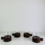 4 teak and glass cups in Scandinavian style by Schott Mainz Jena Glas, 60s