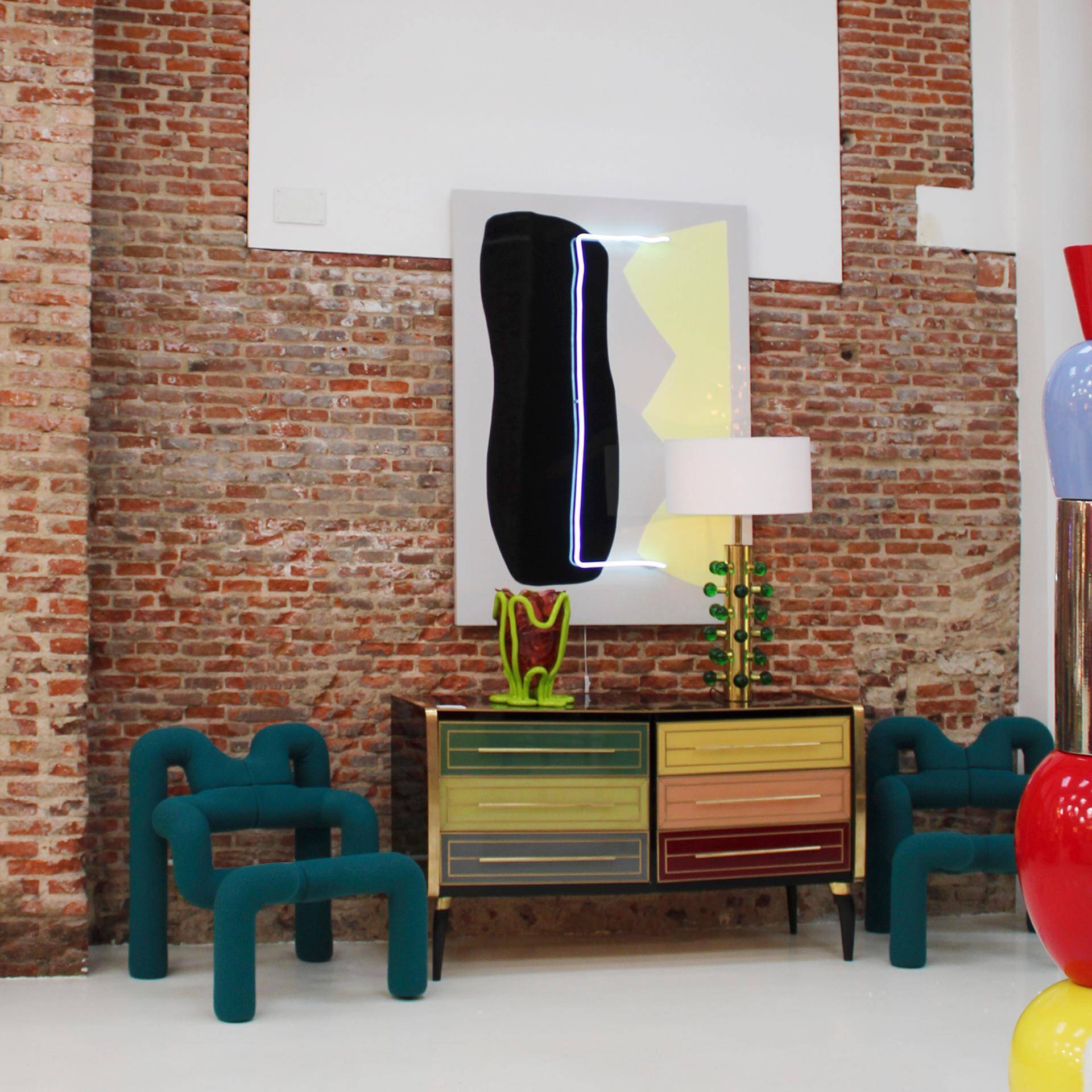 Italain Sideboard Made Of Solid Wood And Covered With Colored Glass 1950S