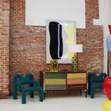 Italain Sideboard Made Of Solid Wood And Covered With Colored Glass 1950S