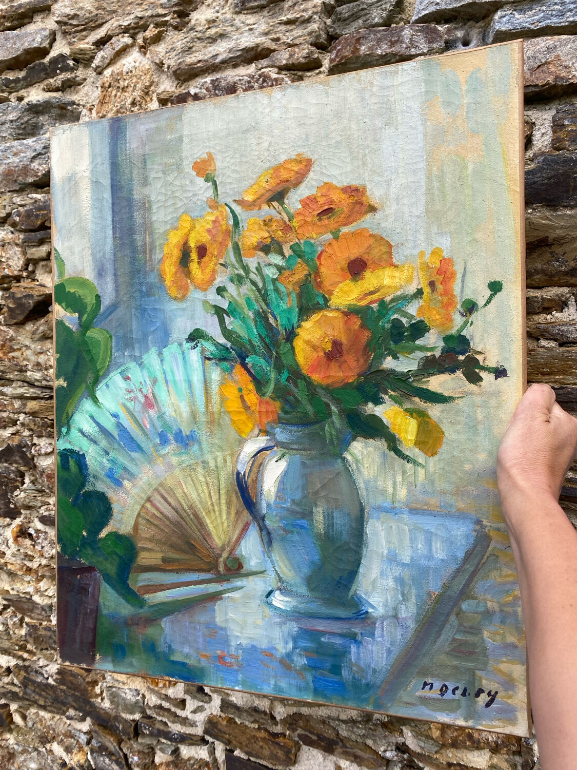 Still life with bouquet and fan, painting on canvas.