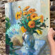 Still life with bouquet and fan, painting on canvas.