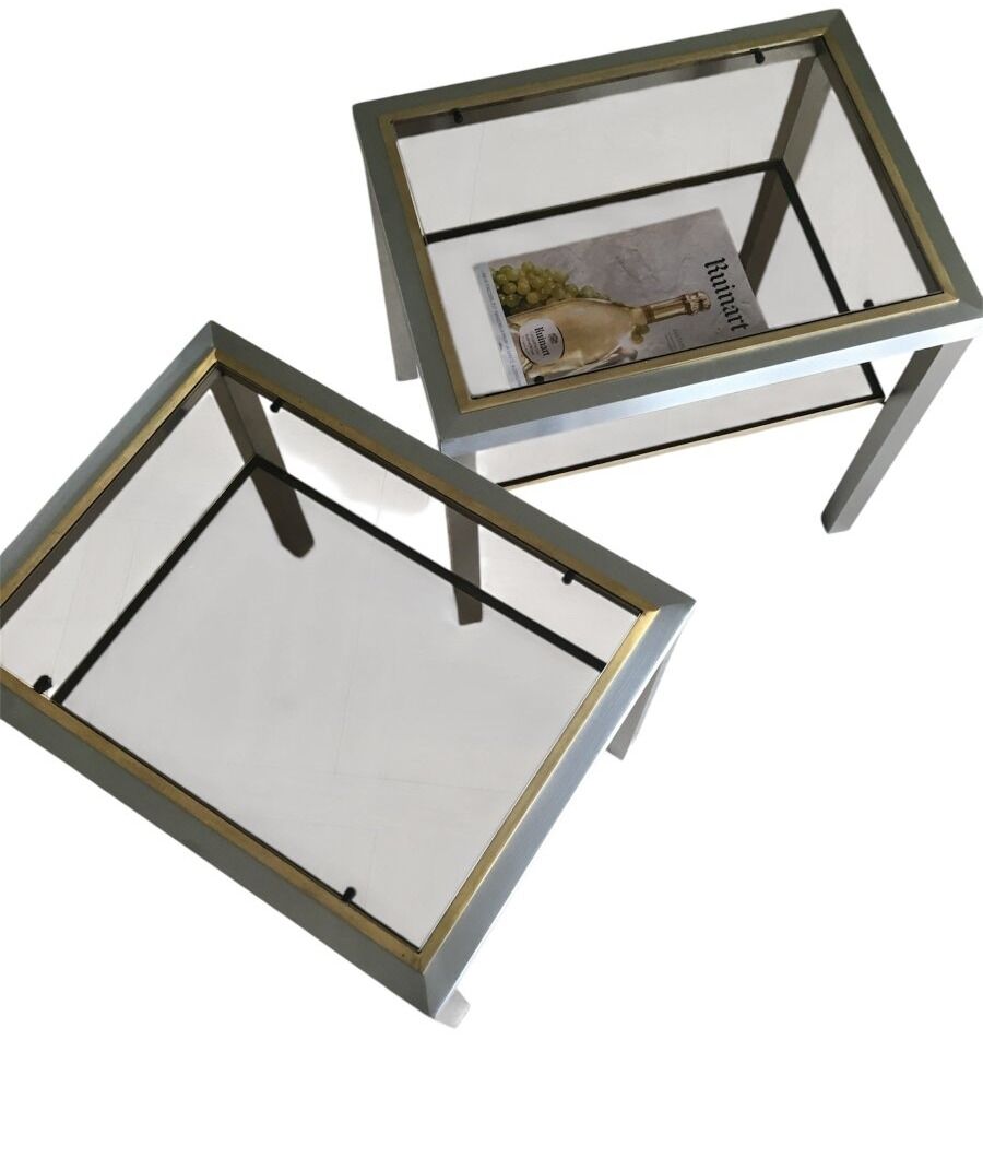 Pair of Brushed Steel Side Tables, Smoked Glass by Guy Lefèvre