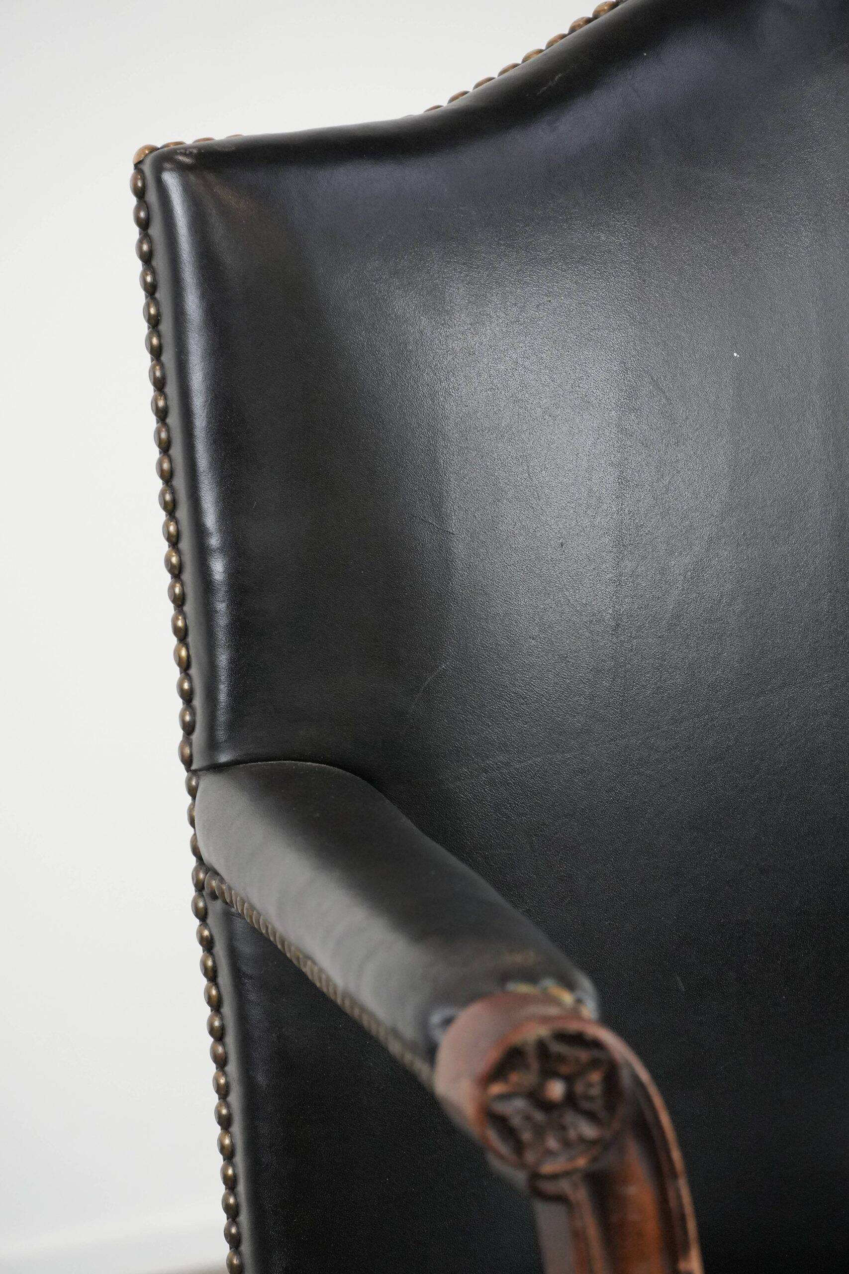 Wooden and black cow leather antique English Gainsborough side/desk/chair