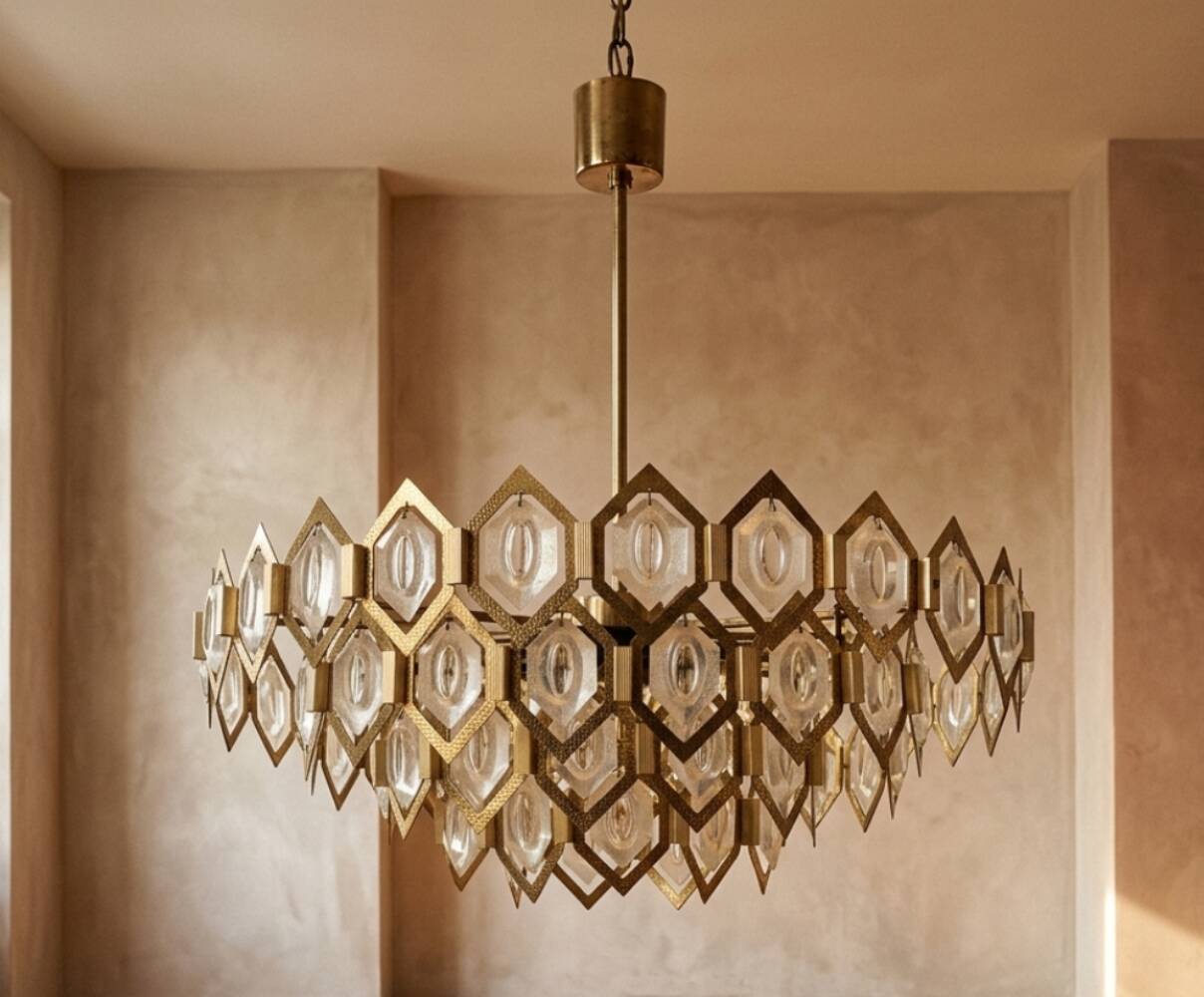 Faceted glass chandelier brass Jaroslav Bejvl Kamenický Šenov 1960s Czechoslovakia