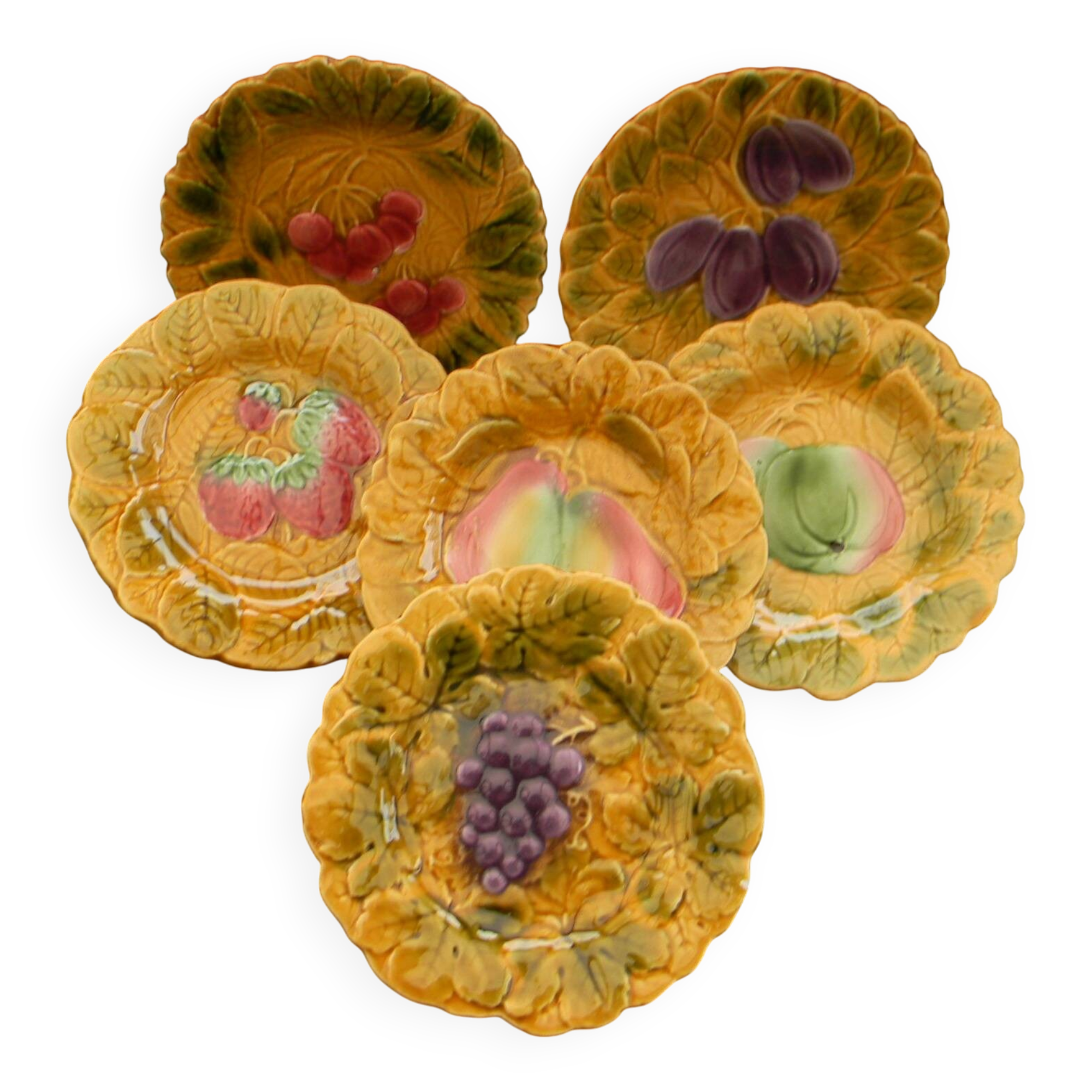6 assiettes en barbotine fruits Sarreguemines