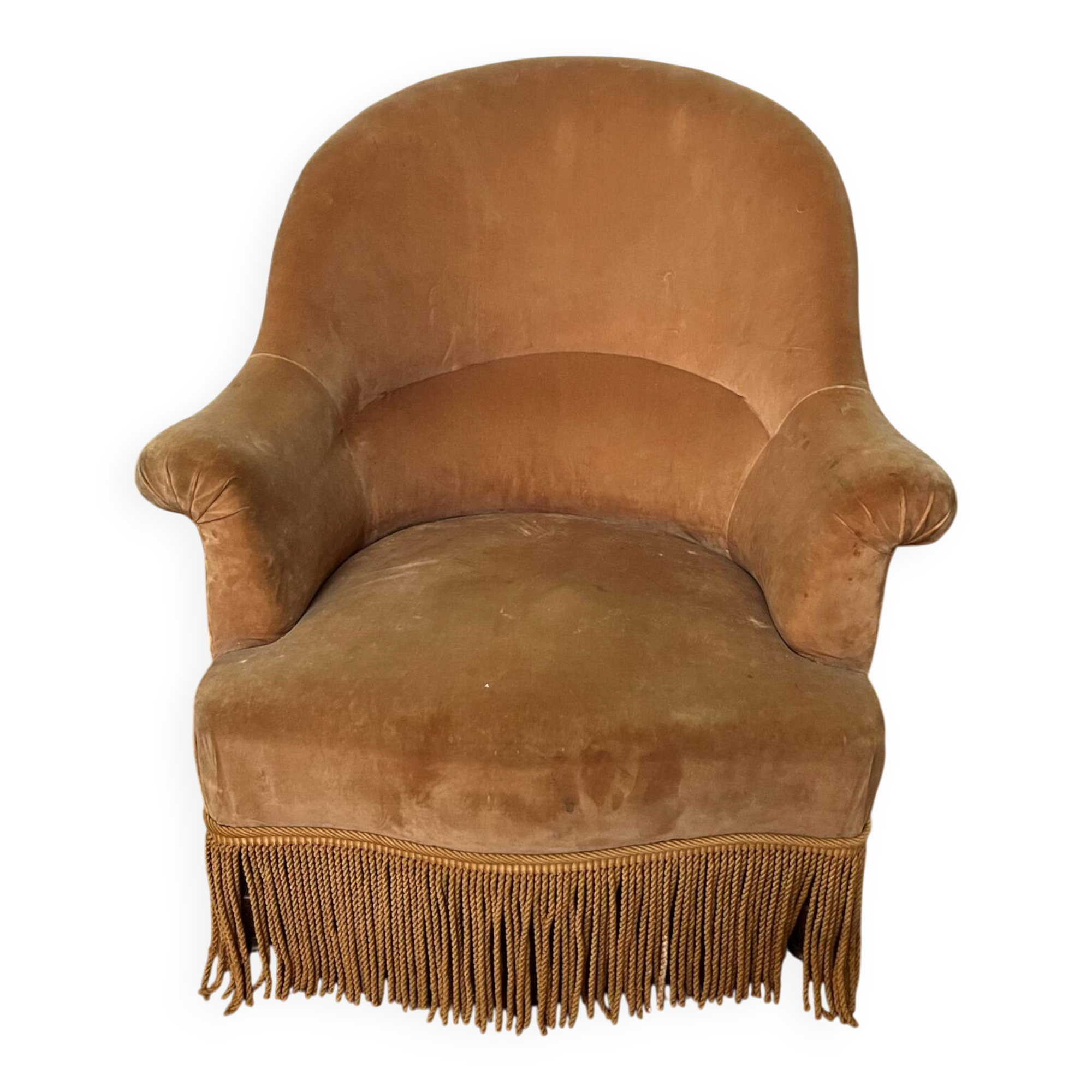 Joli fauteuil crapaud ancien velours moutarde