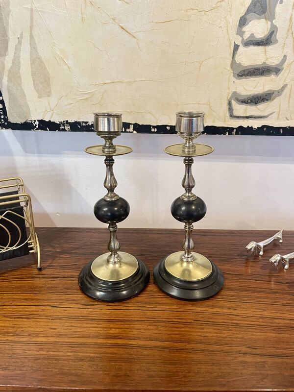 Paire de bougeoir Napoléon III en laiton et marbre noir