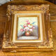 Still life, painting on hardboard, wooden and stucco frame.
