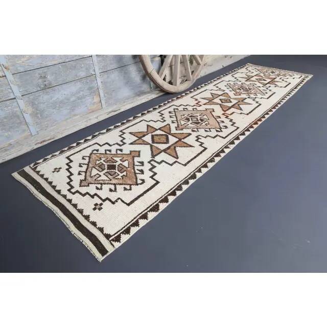 Vintage Turkish Oushak handmade wool cotton white runner rug  91x340