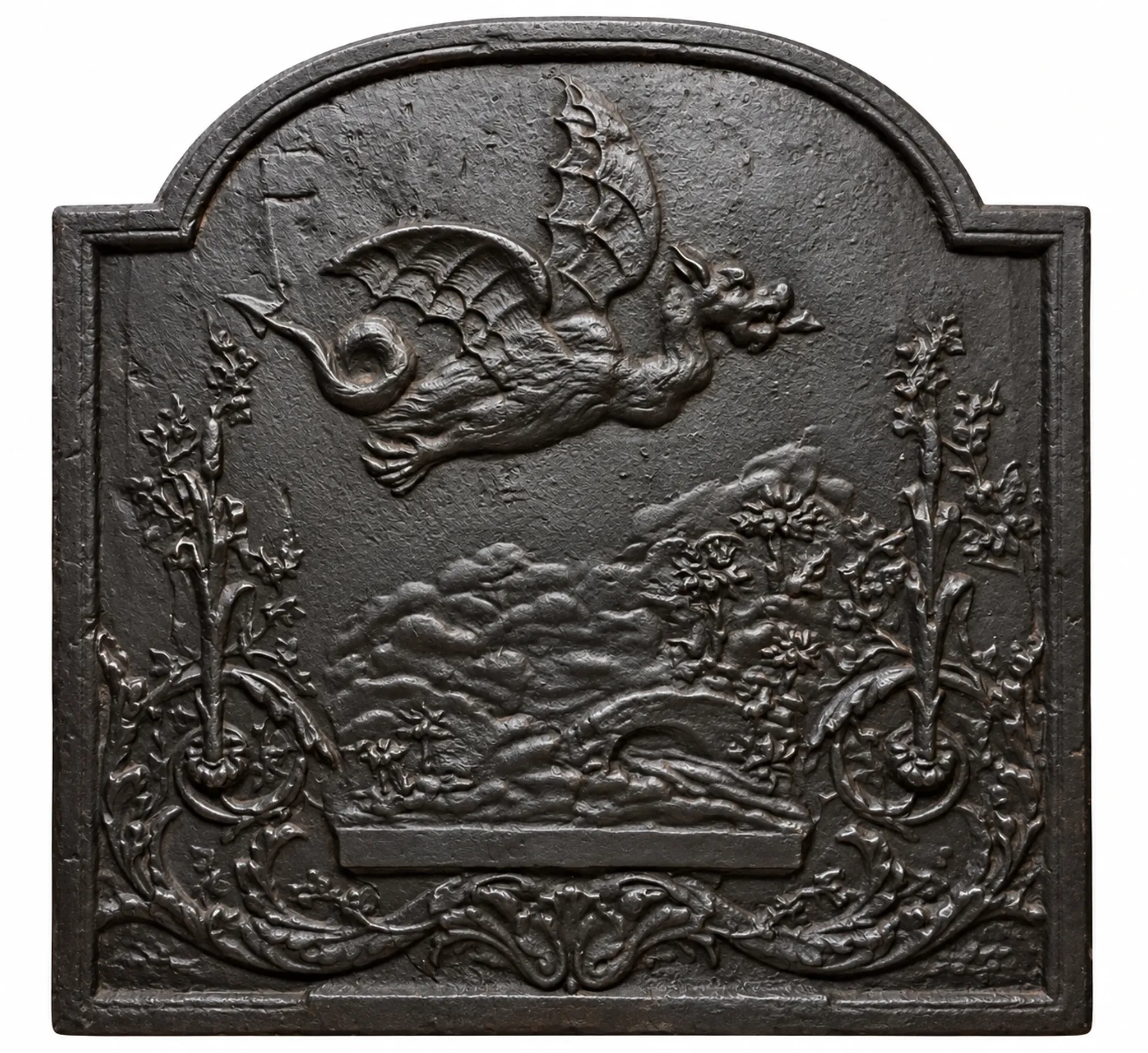 19th-century cast iron fireplace set, bar, andirons & plaque with griffins