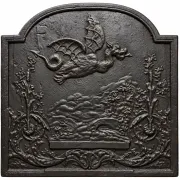 19th-century cast iron fireplace set, bar, andirons & plaque with griffins