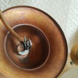 Pair of frosted glass flower pendant lights with vintage wood and brass