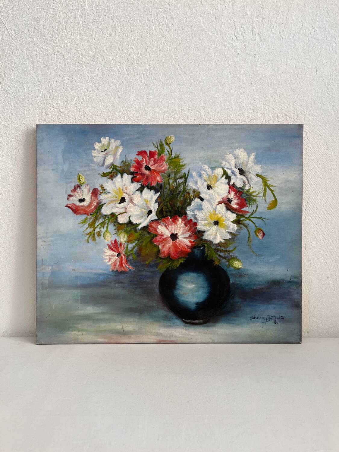 Old oil painting on cardboard bouquet of red and white anemone flowers 1985
