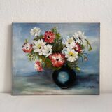 Peinture ancienne huile sur carton bouquet de fleurs anémones rouges et blanches 1985