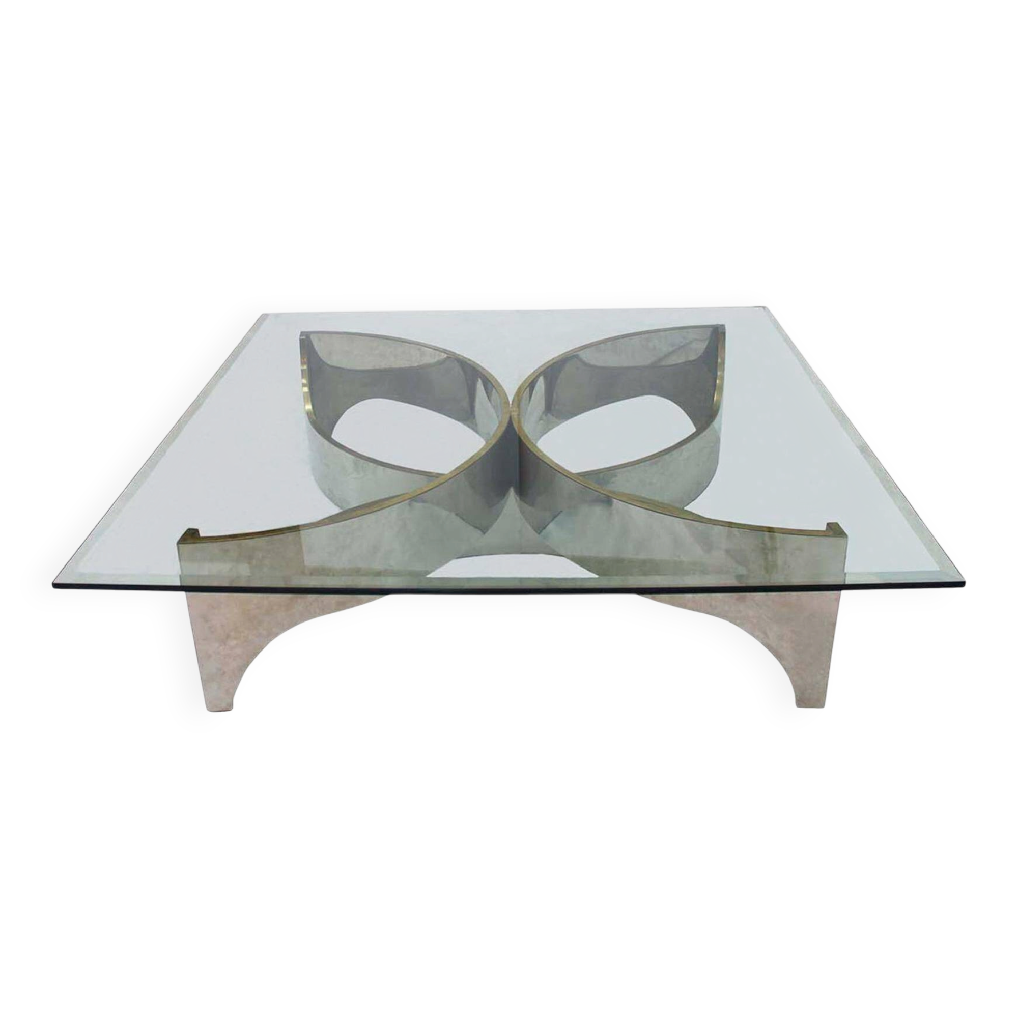 Mid Century Modern Square Center Table, Chrome Metal and Glass Top