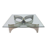 Mid Century Modern Square Center Table, Chrome Metal and Glass Top