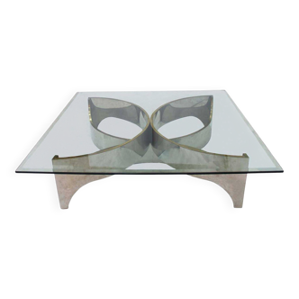 Mid Century Modern Square Center Table, Chrome Metal and Glass Top