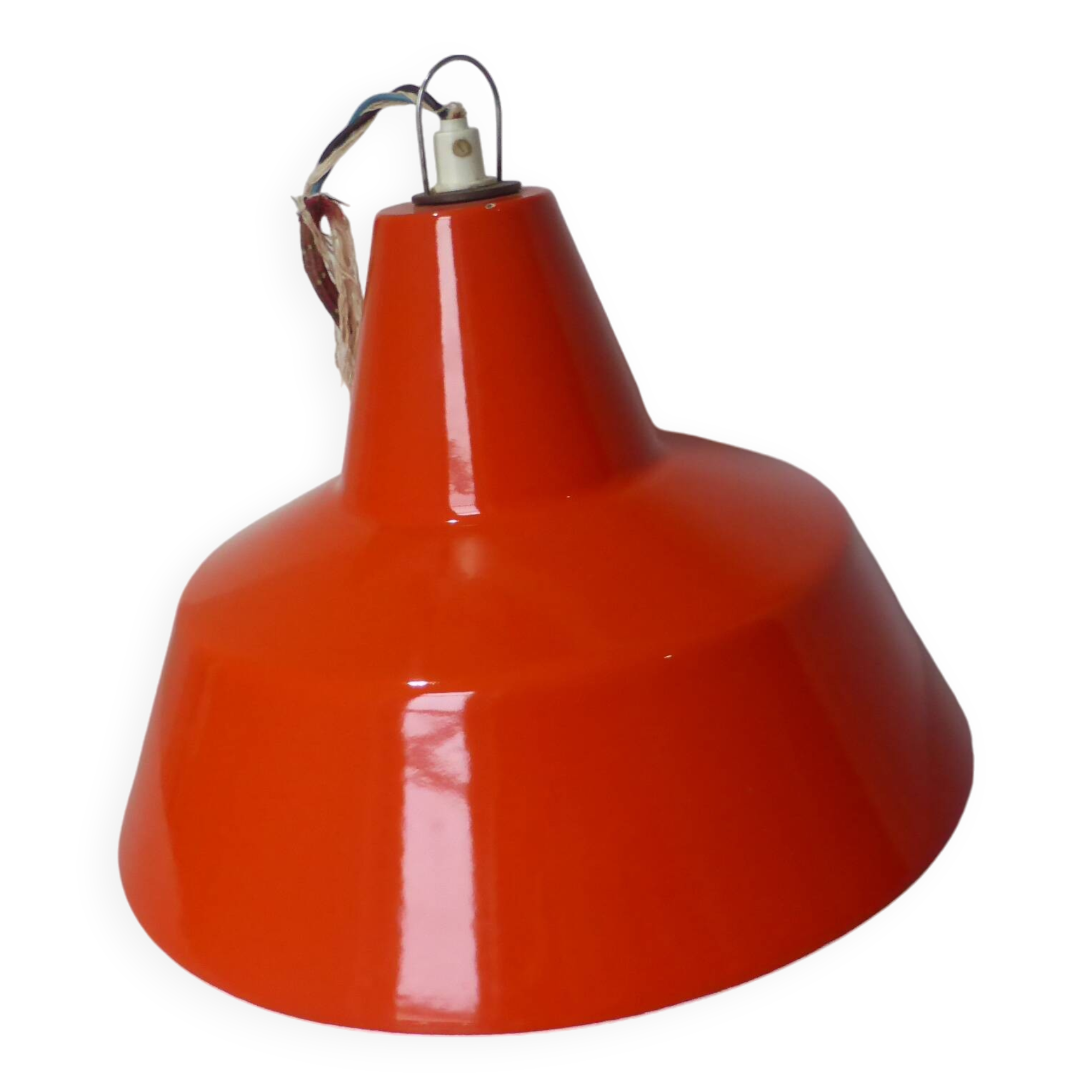 Vintage orange and white enamelled sheet metal industrial pendant light 231135