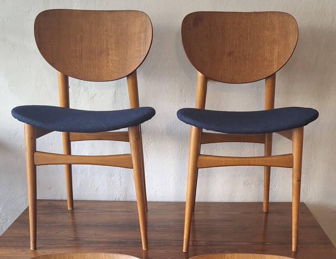 Pair of teak dining chairs with navy blue covers, Denmark 1960s